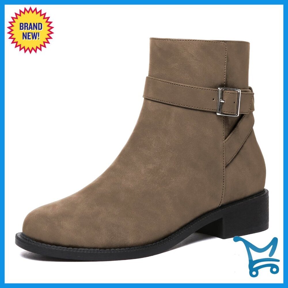Chunky Low Heel Ankle Boots Round Toe Buckle Leather Booties Women's Shoes